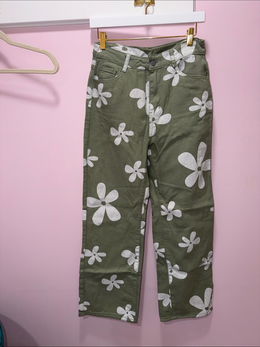 Olive Green Floral Print Straight-Leg Pants